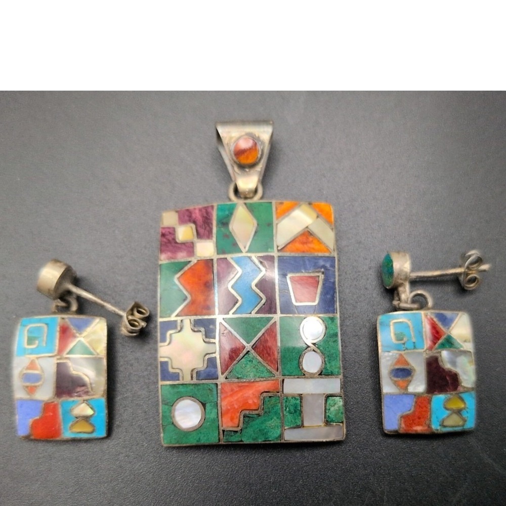 950 Silver Peruvian Multistone Inlay Inca Calendar Pendant & Earring Set New - Picture 5 of 5